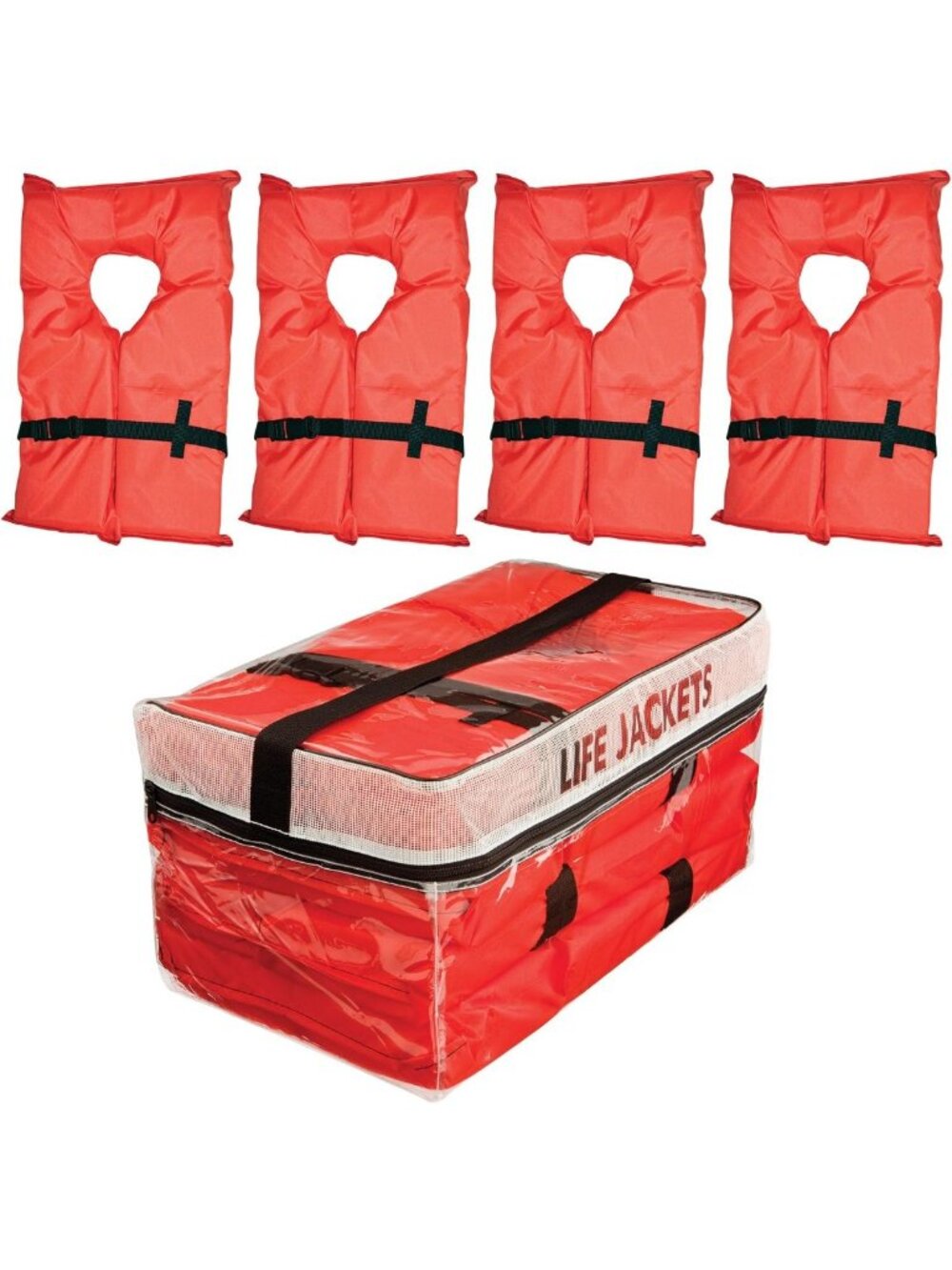 Clear Storage Bag with 4 Type II Life Jackets for Adults - Orange Safety Gear